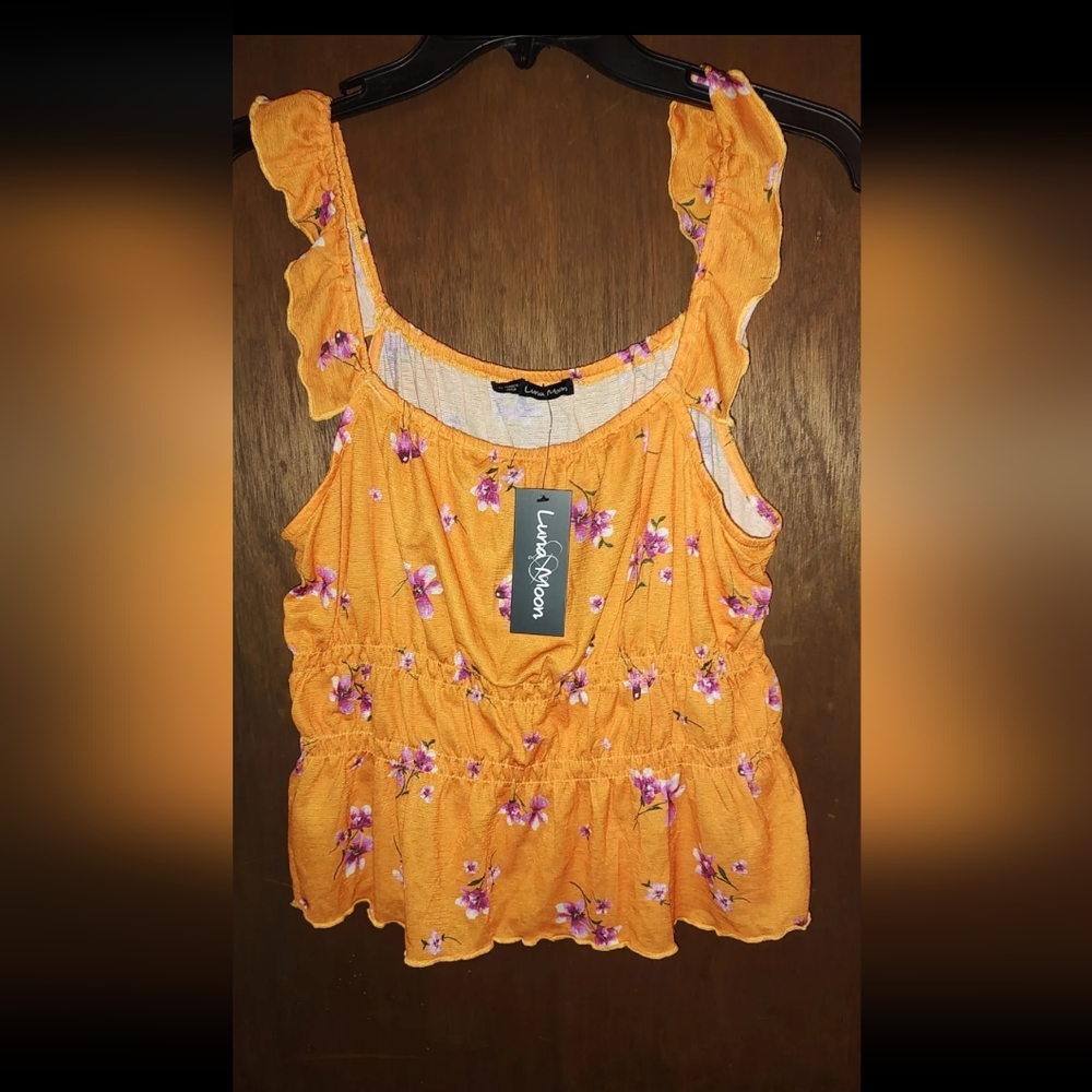 Luna Moon Sleeveless Floral Print Top Elastic Stretch XL NWT Vacation Beach